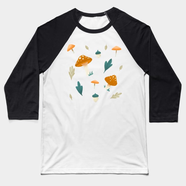 Mushroom Fields - Orange and Teal Baseball T-Shirt by catherold